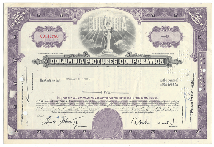 A vintage Columbia Pictures Corporation stock certificate from 1963 with company logo vignette