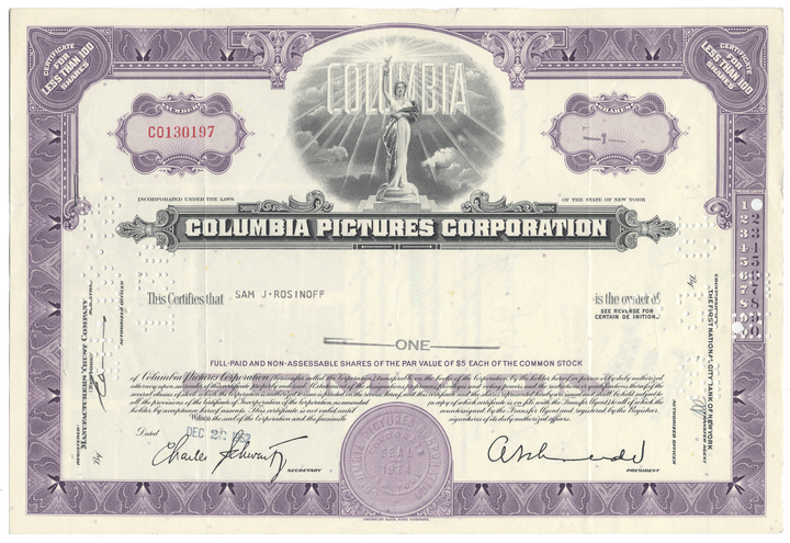 Columbia Pictures Corporation Stock Certificate