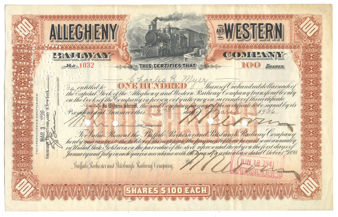 Allegheny and Western Railway Company Stock Certificate