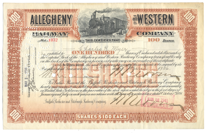 Allegheny and Western Railway Company Stock Certificate