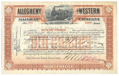 Allegheny and Western Railway Company Stock Certificate