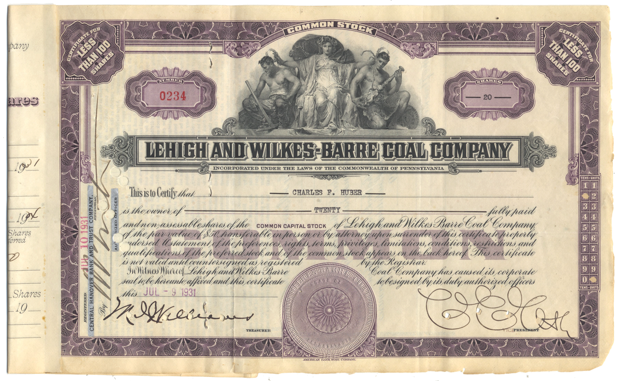 An antique stock certificate for the Lehigh and Wilkes-Barre Coal Company from 1931