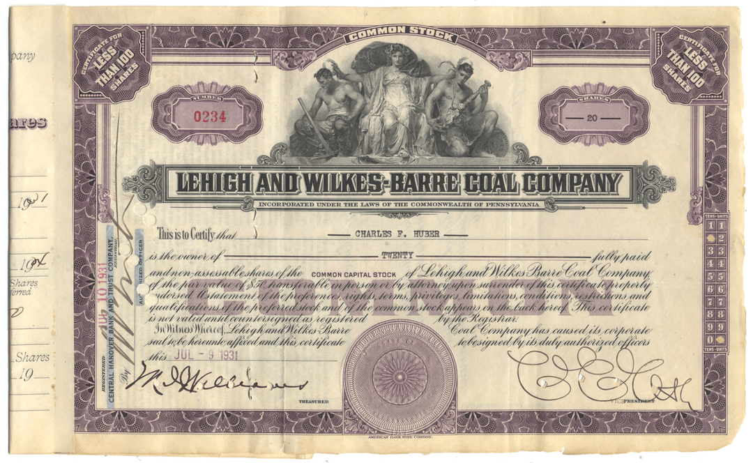 An antique stock certificate for the Lehigh and Wilkes-Barre Coal Company from 1931
