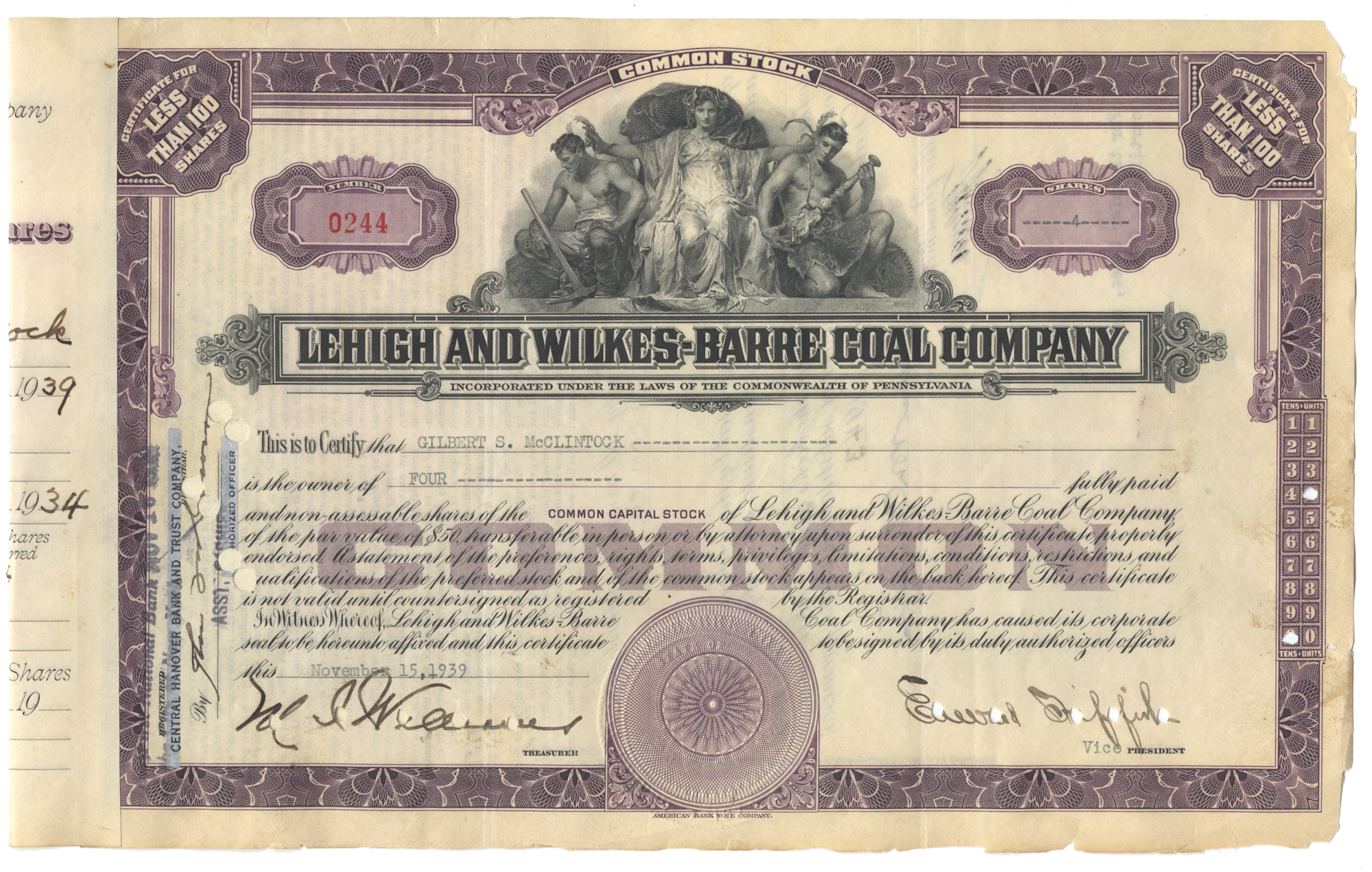 An antique stock certificate for the Lehigh and Wilkes-Barre Coal Company from 1939