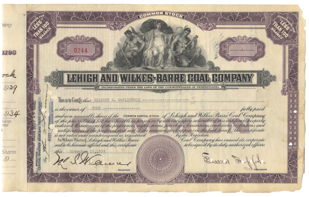 An antique stock certificate for the Lehigh and Wilkes-Barre Coal Company from 1939