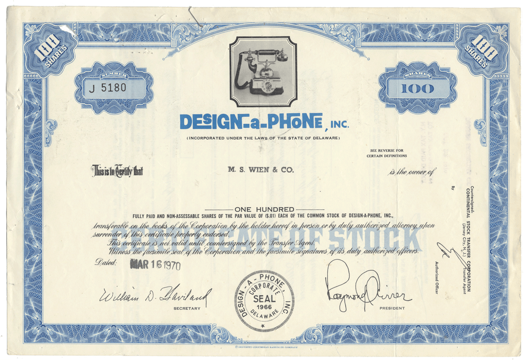 Vintage stock certificate from Design-a-Phone, Inc. with blue and white design.