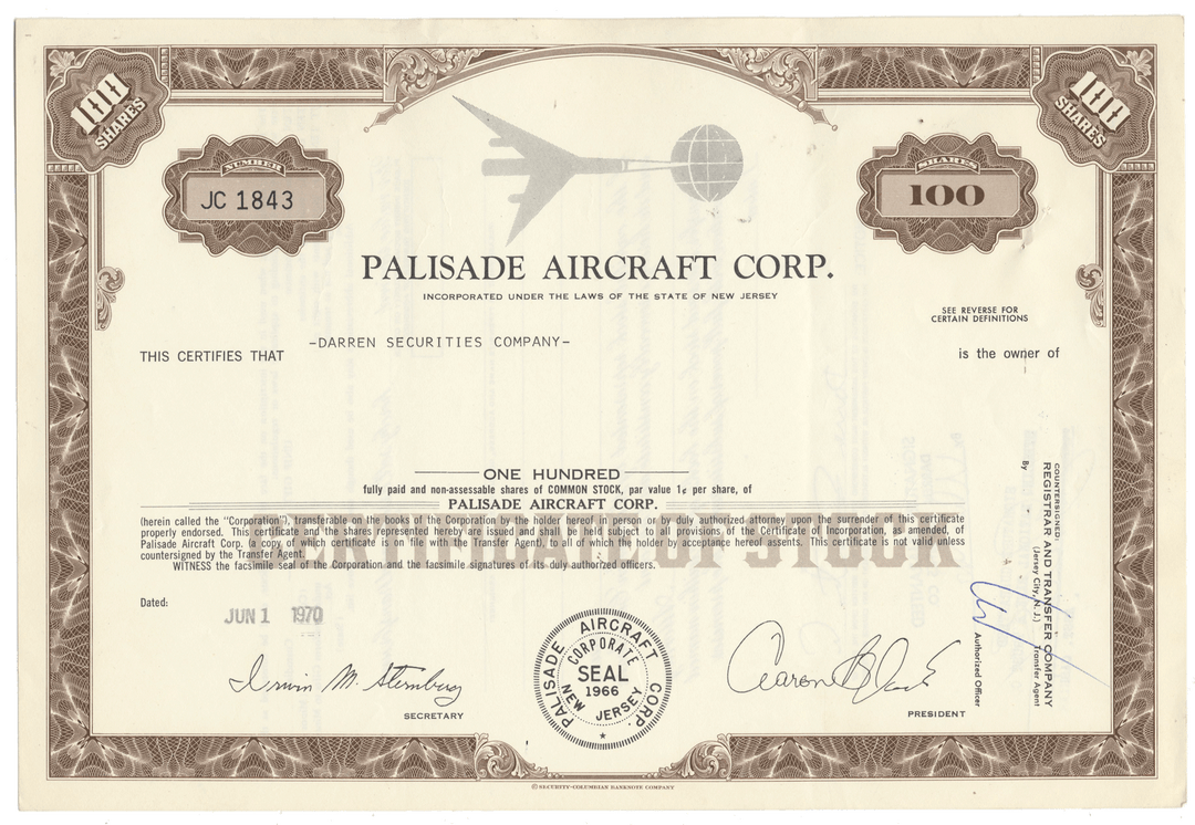 Certificate of stock from Palisade Aircraft Corp. with decorative elements and text.