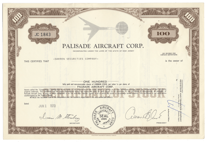 Certificate of stock from Palisade Aircraft Corp. with decorative elements and text.