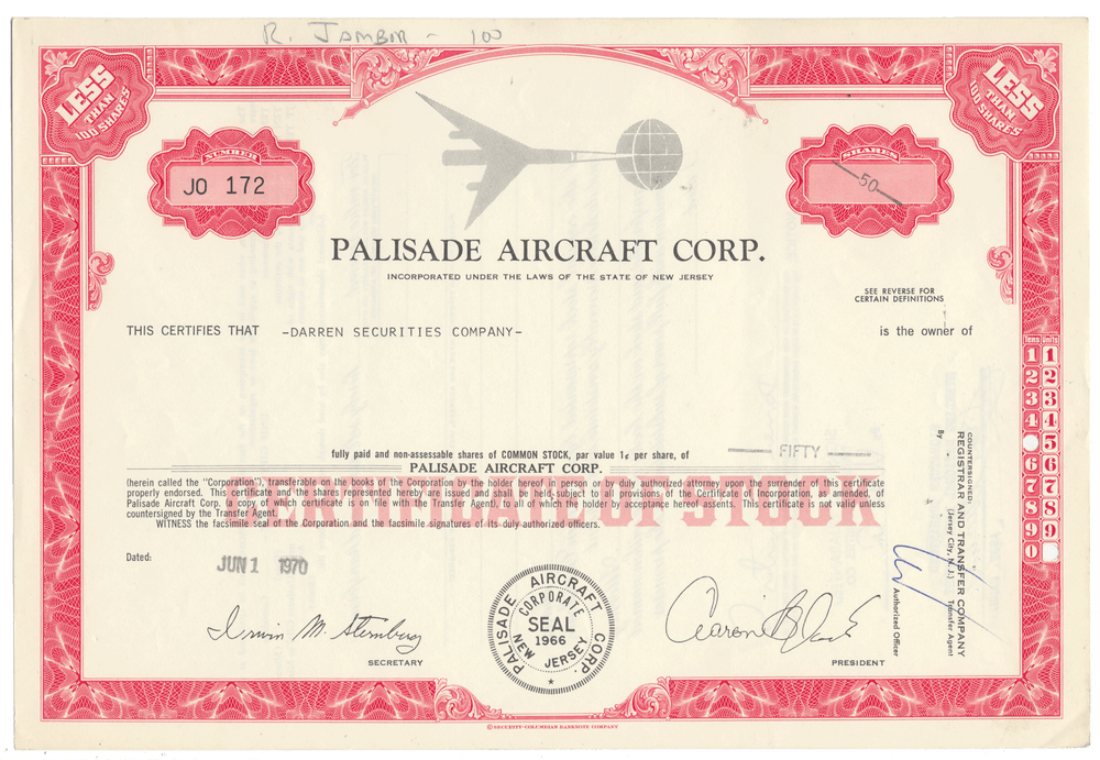 Palisade Aircraft Corp. stock certificate with decorative border and text