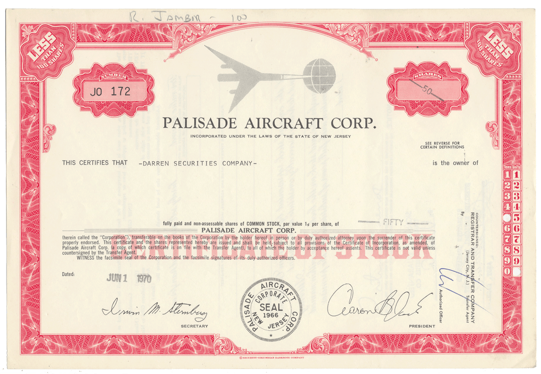 Palisade Aircraft Corp. stock certificate with decorative border and text