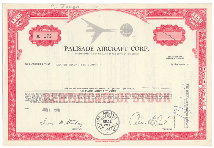 Palisade Aircraft Corp. stock certificate with decorative border and text