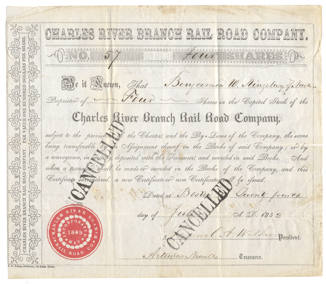 Certificate from Charles River Branch Rail Road Company with red stamp