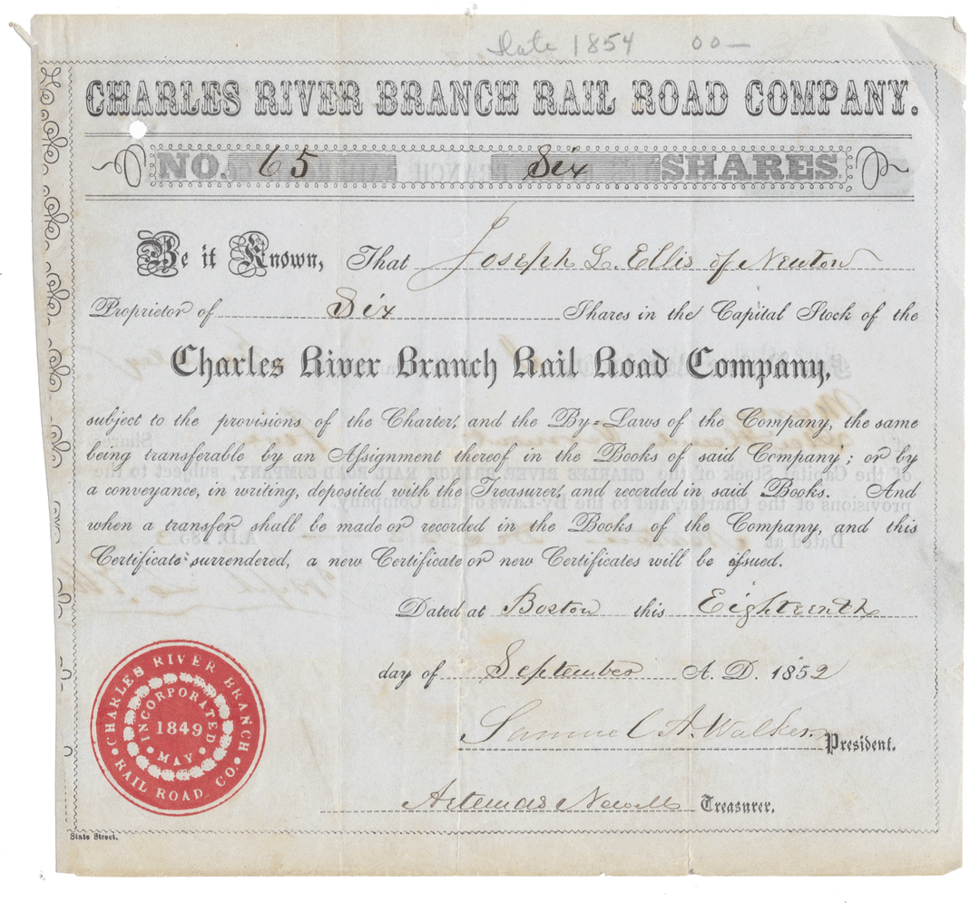 Historical stock certificate for Charles River Branch Rail Road Companyfrom 1852