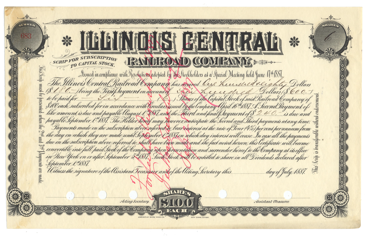 Illinois Central Railroad Company Stock Certificate