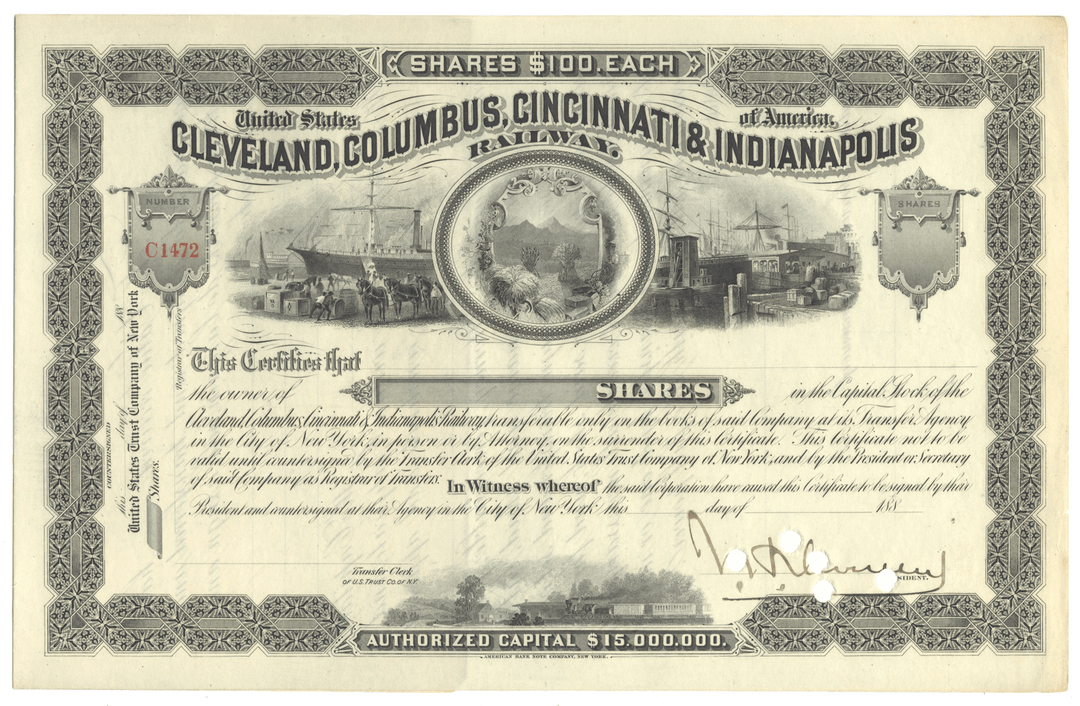 Cleveland, Columbus, Cincinnati and Indianapolis Railway Company  stock certificate Signed by John Henry Devereux