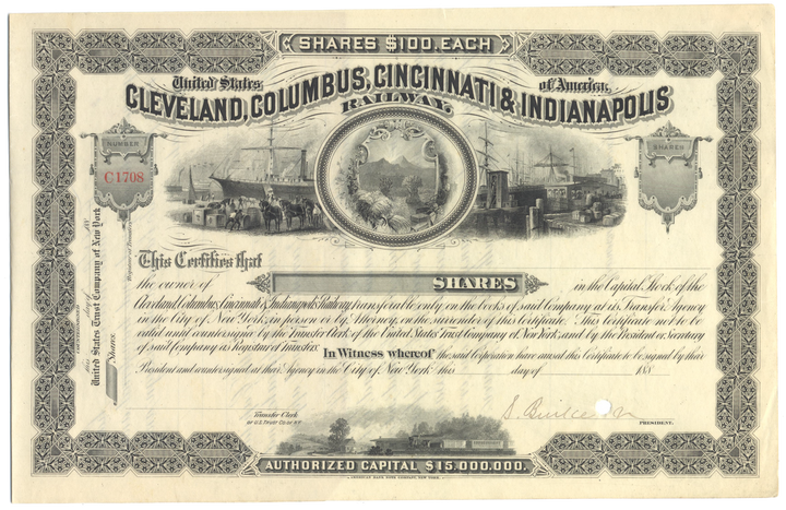 Cleveland, Columbus, Cincinnati & Indianapolis Railway Company Stock Certificate