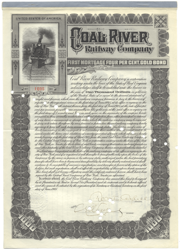 Coal River Railway Company Bond Certificate