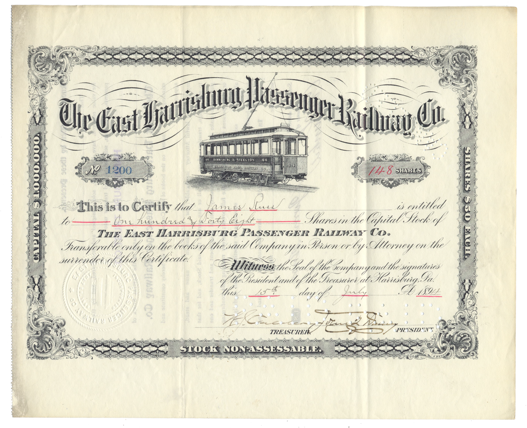 East Harrisburg Passenger Railway Co. Stock Certificate