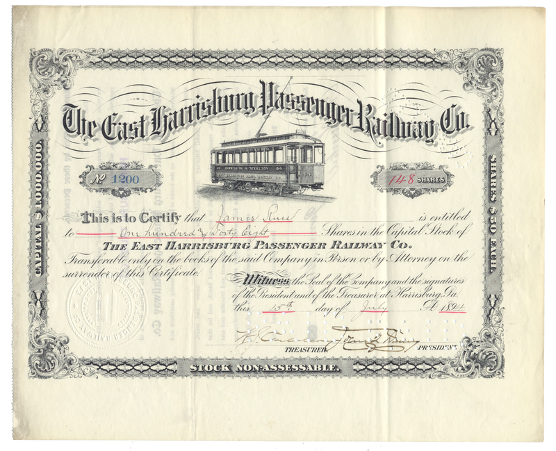 East Harrisburg Passenger Railway Co. Stock Certificate