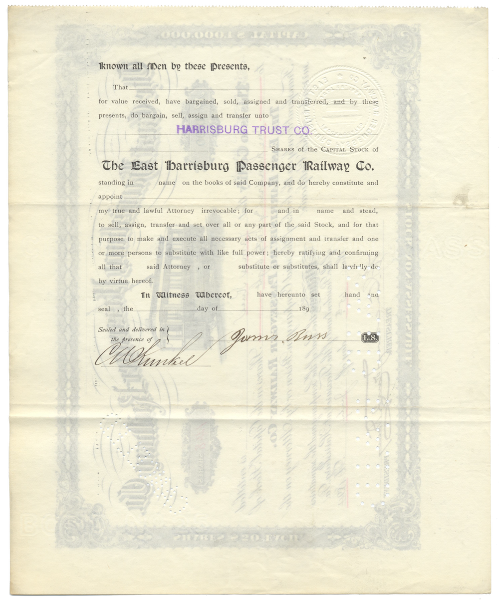 East Harrisburg Passenger Railway Co. Stock Certificate