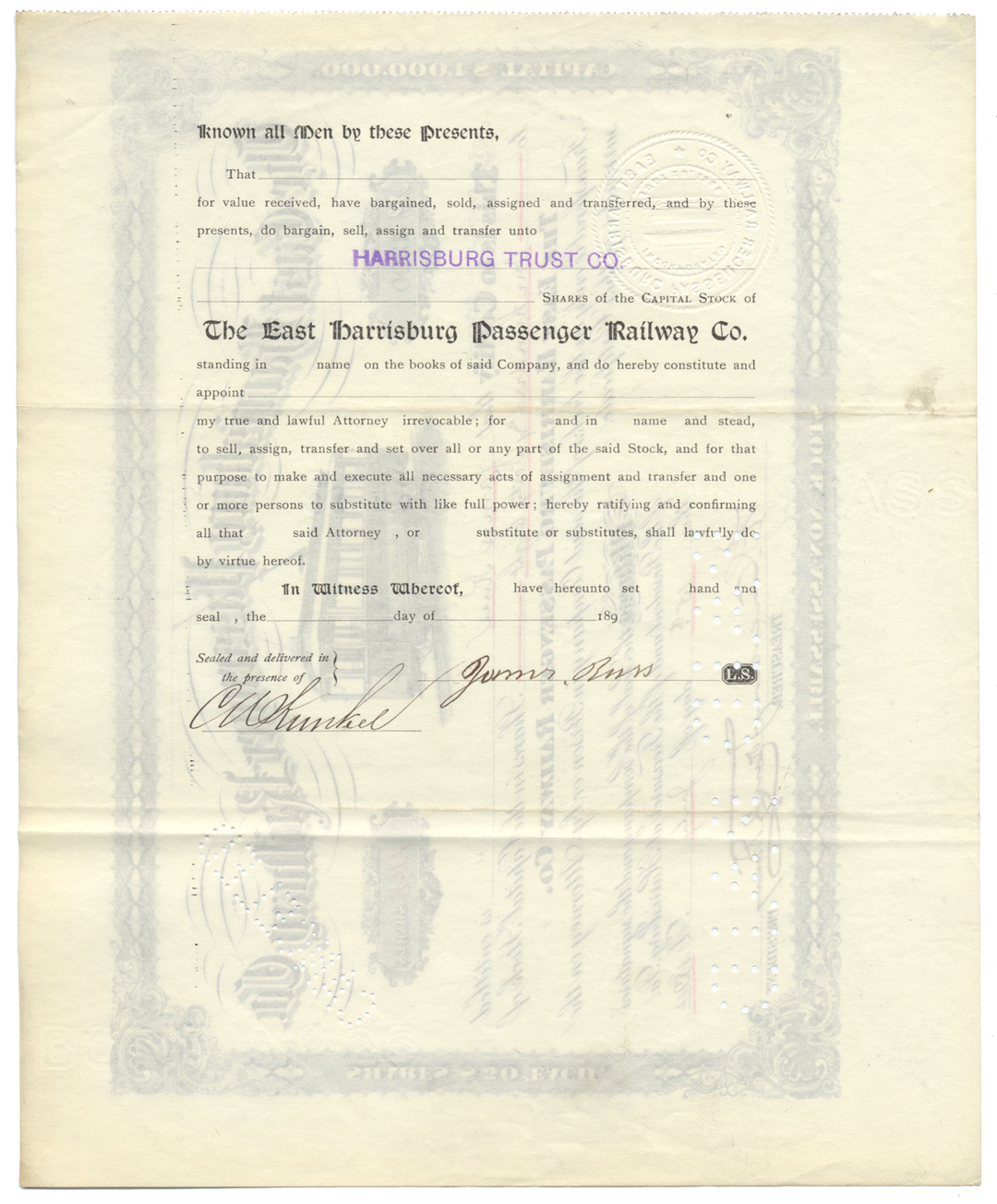 East Harrisburg Passenger Railway Co. Stock Certificate