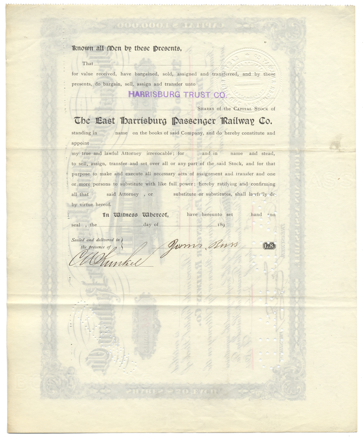 East Harrisburg Passenger Railway Co. Stock Certificate