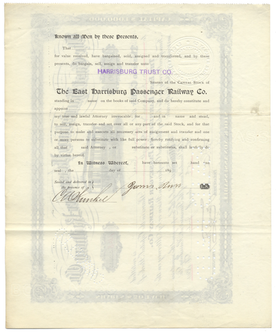 East Harrisburg Passenger Railway Co. Stock Certificate