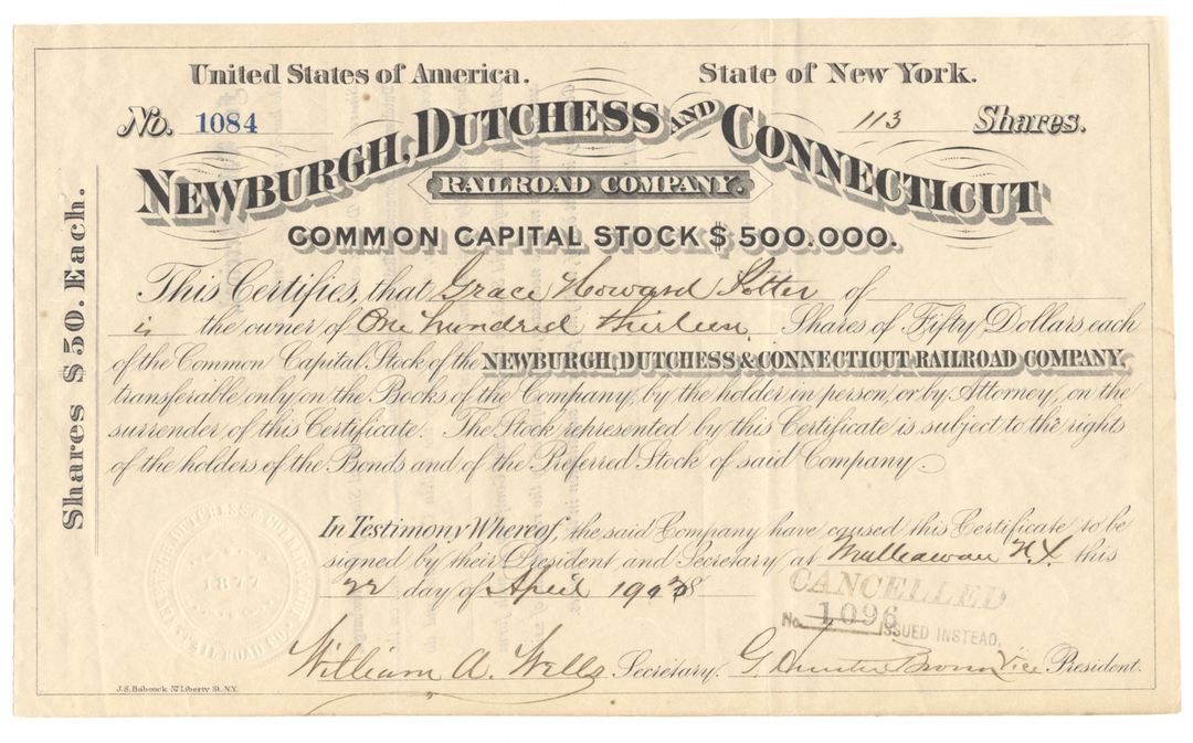 Newburgh, Dutchess and Connecticut Railroad Company Stock Certificate