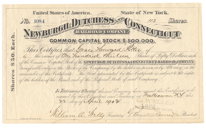 Newburgh, Dutchess and Connecticut Railroad Company Stock Certificate