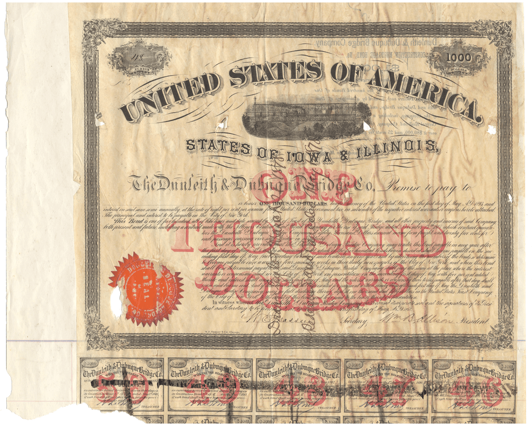 Dunleith & Dubuque Bridge Company Bond Certificate Signed by William Boyd Allison