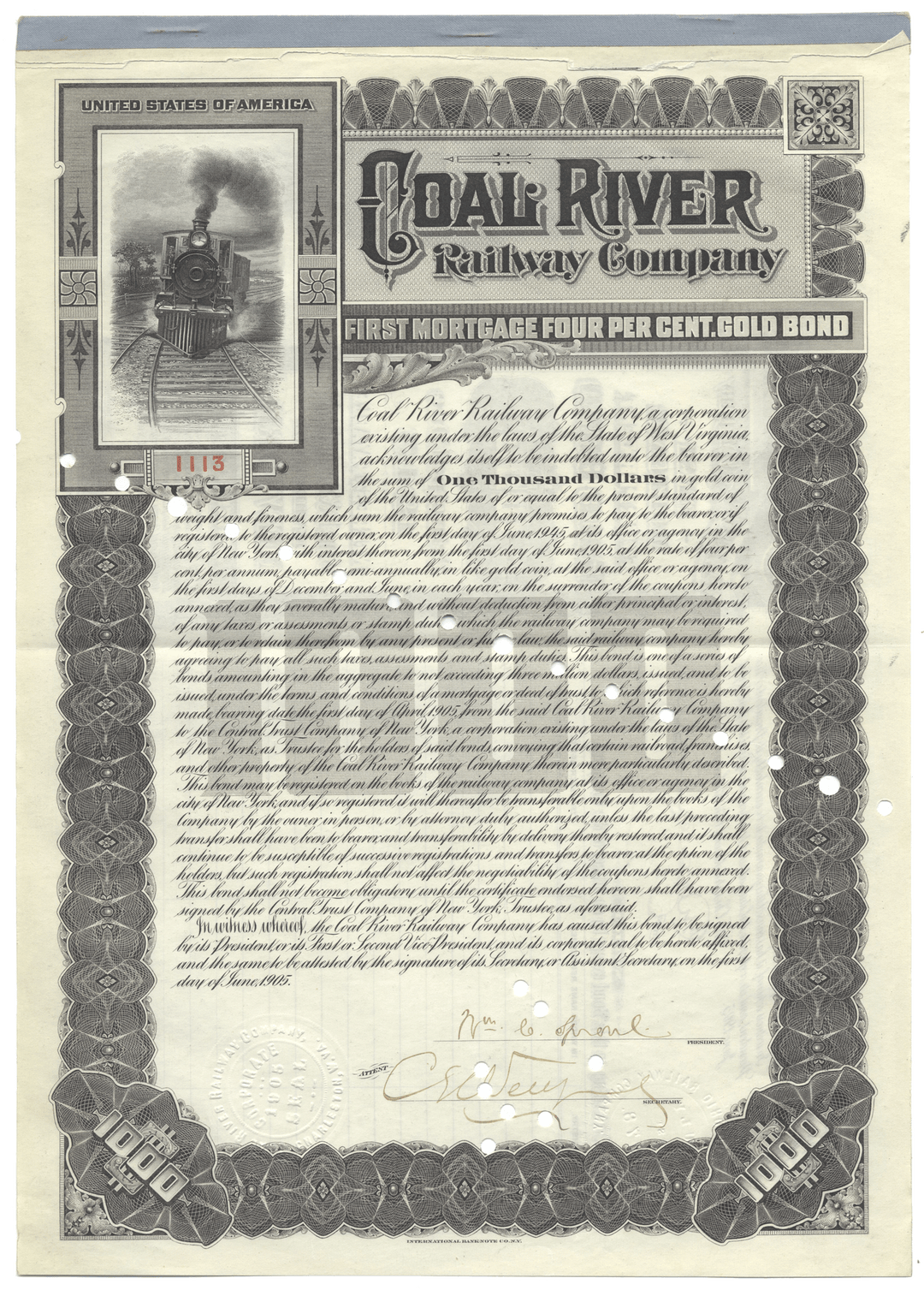 Coal River Railway Company bond certificate with decorative border and steam locomotive illustration.