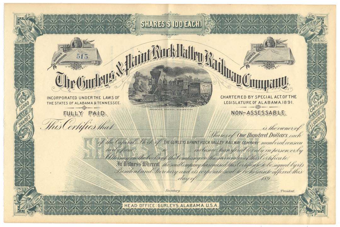 Gurleys & Paint Rock Valley Railway Company Stock Certificate