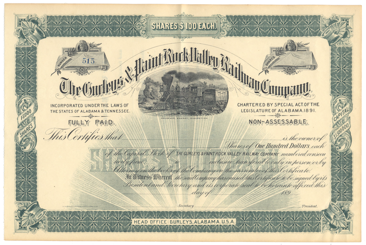 Gurleys & Paint Rock Valley Railway Company Stock Certificate