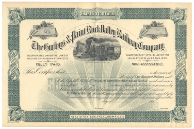 Gurleys & Paint Rock Valley Railway Company Stock Certificate