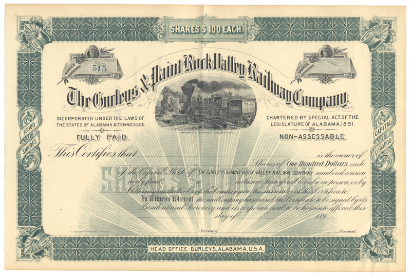 Gurleys & Paint Rock Valley Railway Company Stock Certificate