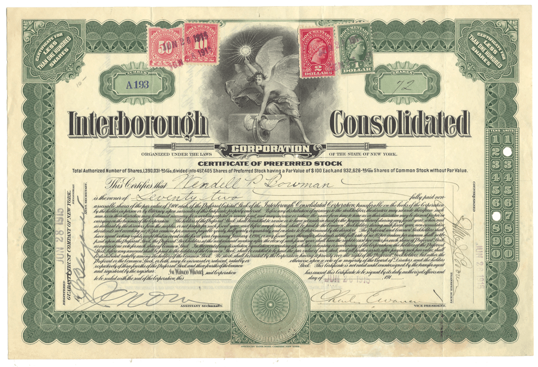 Vintage stock certificate for Interborough Consolidated Corporation with decorative elements from 1915