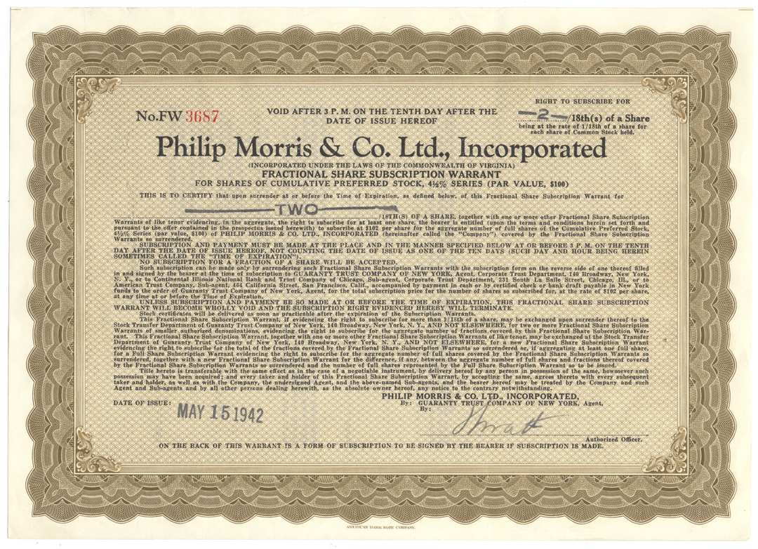 Philip Morris & Co. Ltd., Incorporated Stock Certificate