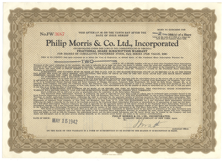 Philip Morris & Co. Ltd., Incorporated Stock Certificate