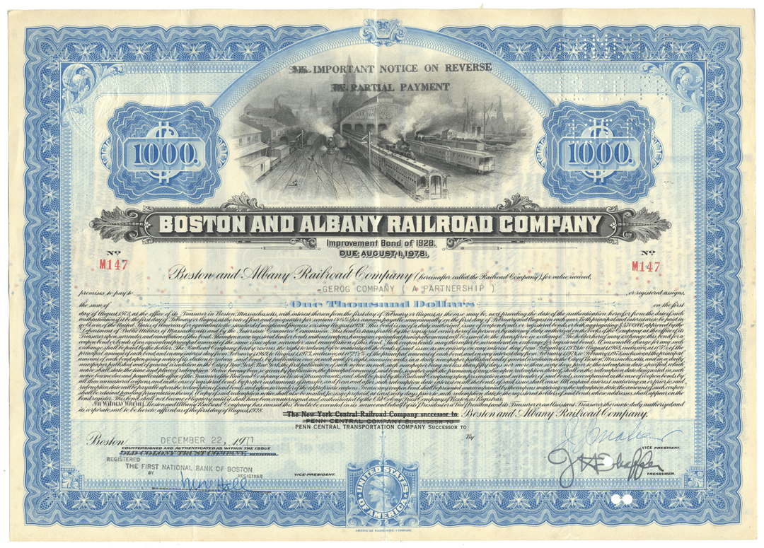 Boston and Albany Railroad Company Bond Certificate