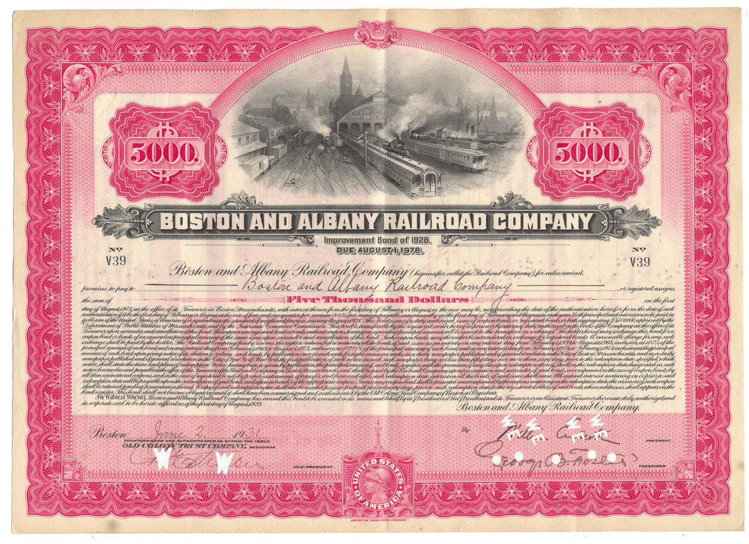 Vintage stock certificate of the Boston and Albany Railroad Company from 1931