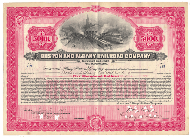 Vintage stock certificate of the Boston and Albany Railroad Company from 1931