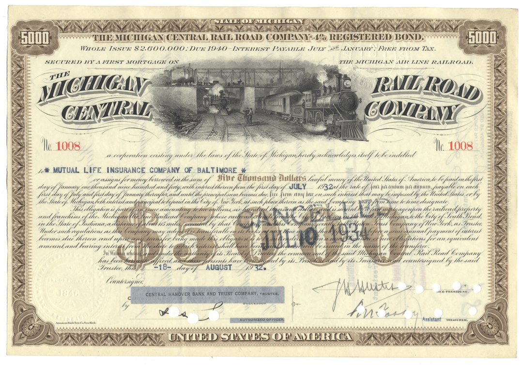 Vintage bond certificate for the Michigan Central Railroad Company with train illustration and text.