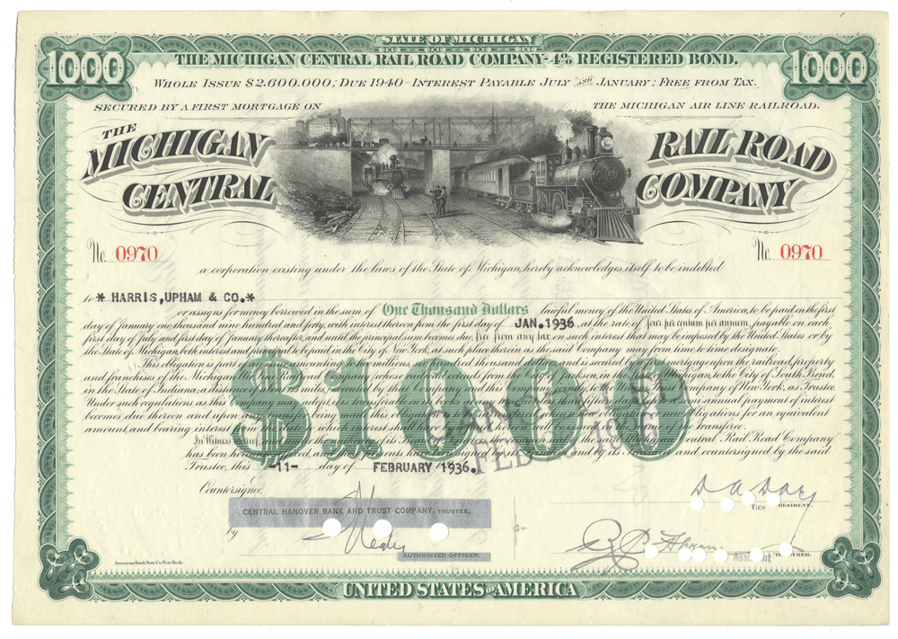 Vintage bond certificate of the Michigan Central Railroad Company with green and black text on a white background.