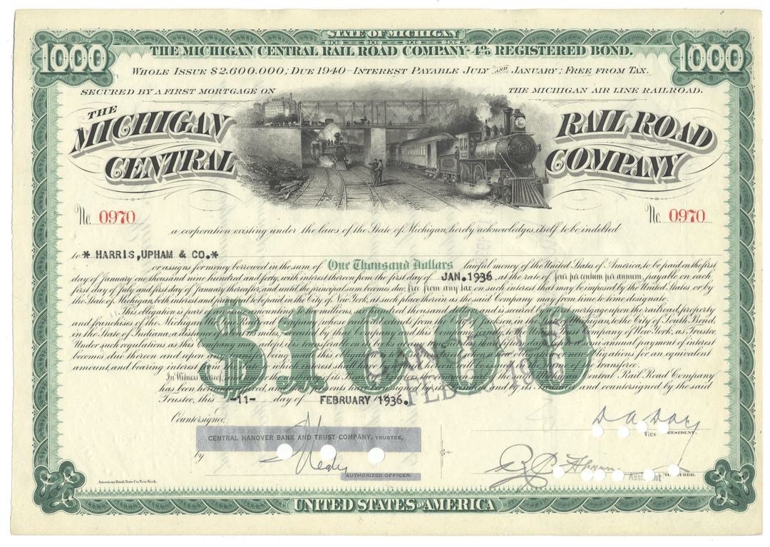Vintage bond certificate of the Michigan Central Railroad Company with green and black text on a white background.