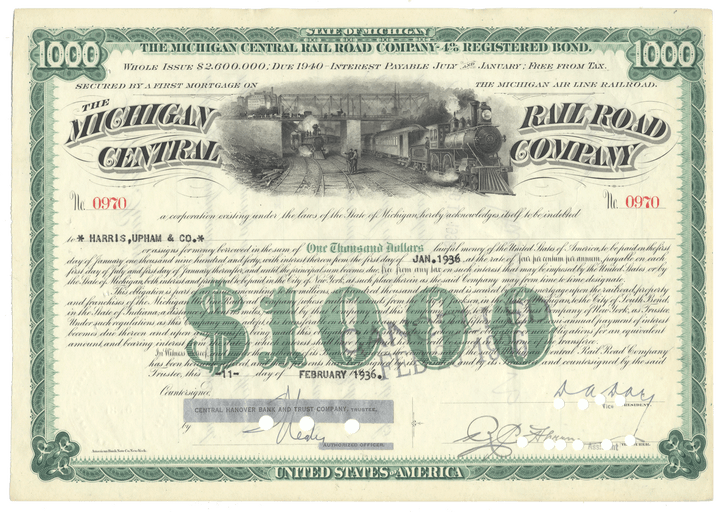 Vintage bond certificate of the Michigan Central Railroad Company with green and black text on a white background.