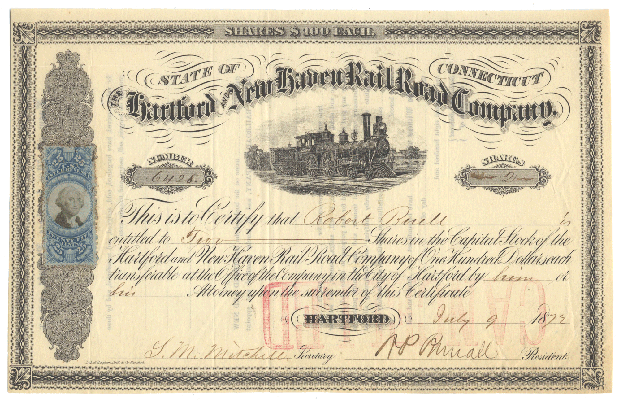 Historical stock certificate from the Hartford and New Haven Rail Road Company, issued on July 9, 1872.