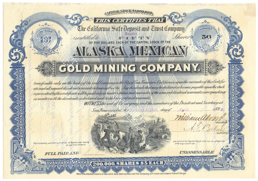 Alaska Mexican Gold Mining Company Stock Certificate