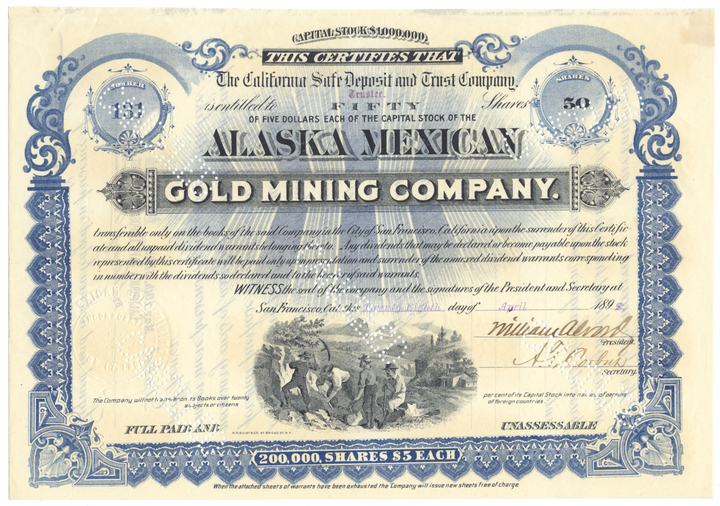 Alaska Mexican Gold Mining Company Stock Certificate