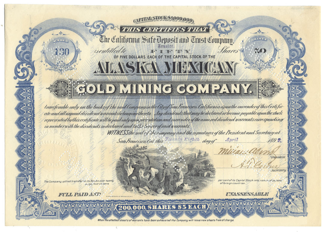 Stock certificate of the Alaska Mexican Gold Mining Company with decorative elements and text.