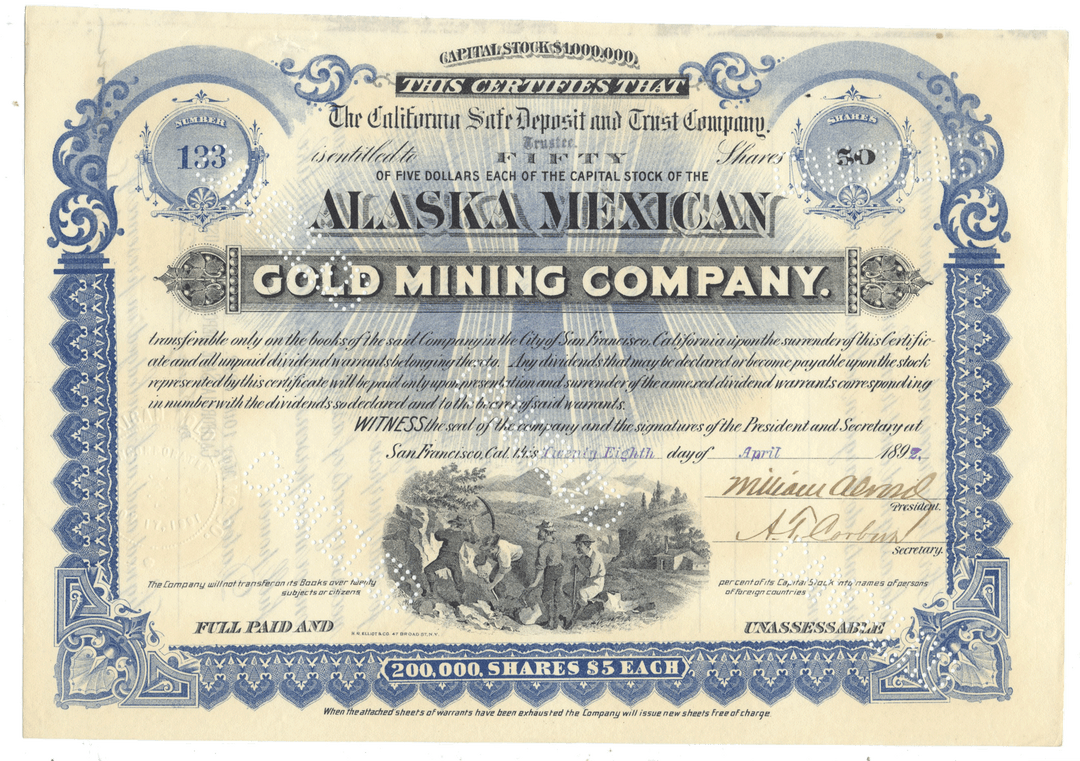 An antique stock certificate from the Alaska Mexican Gold Mining Company datewd 1892